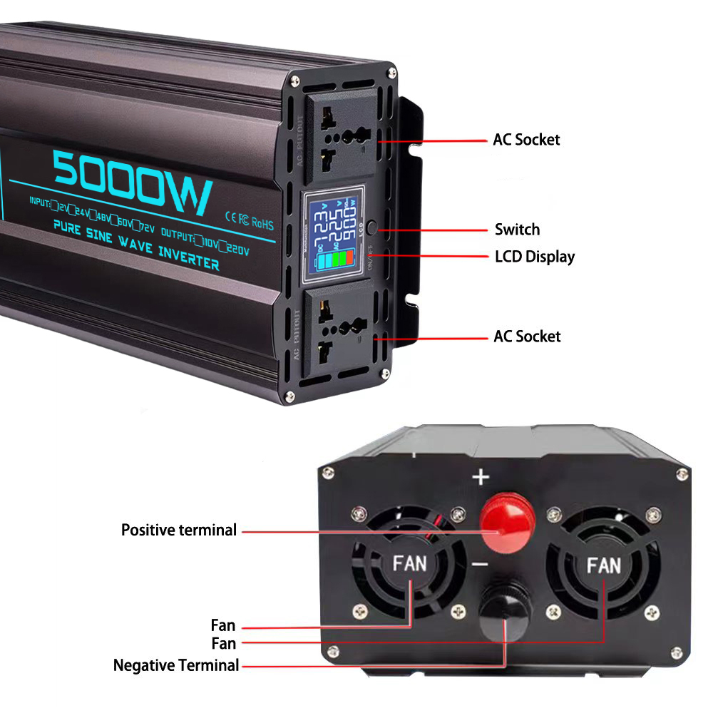 محول طاقة موجة جيبية نقية 12 ف - مراجعة Pure Sine Wave Inverter 5000W 48V 220V وسعره
